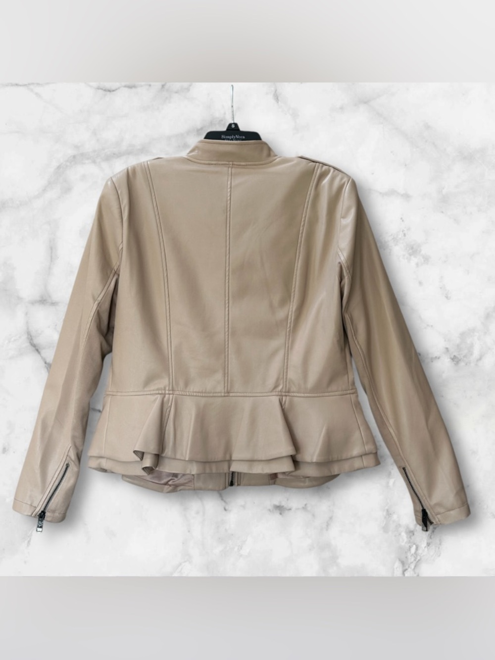 NWOT G.I.L.I. Got It Love It Faux Leather Double Peplum Jacket Blush Beige Sz 12 - Picture 3 of 15